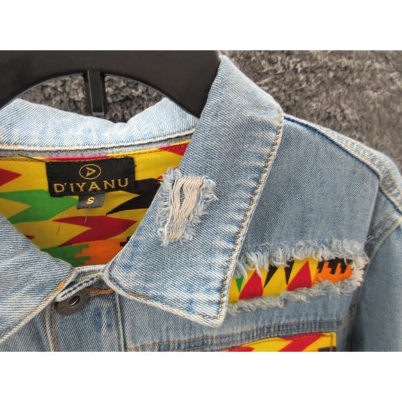 D'Iyanu Women's Small African Traditional Print Distressed Denim Jacket - Picture 3 of 15